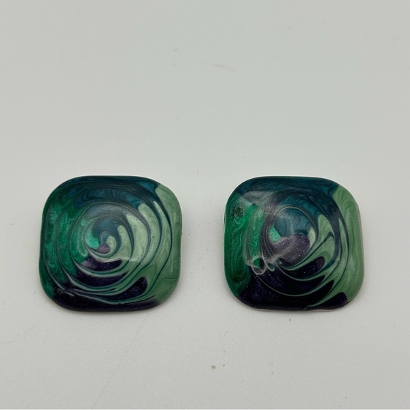 Vintage Large Square Green, Blue and Purple Enamel Swirl Painted Stud Earrings - Picture 3 of 6